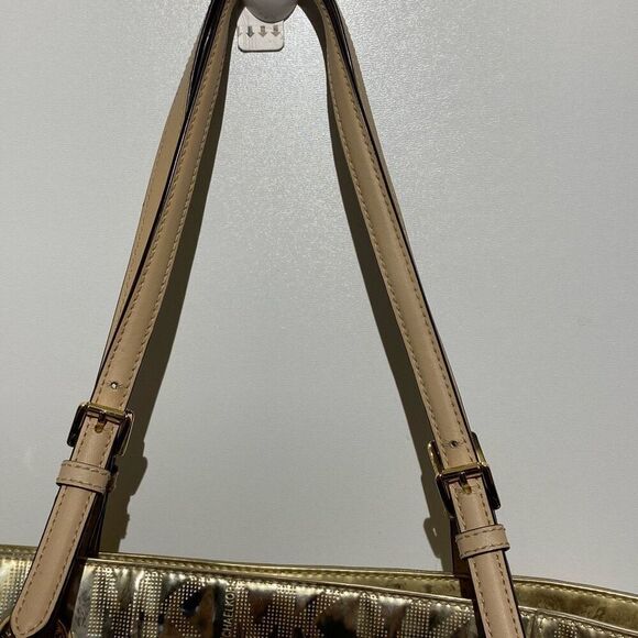 Michael Kors Women's Gold Monogram Logo Metallic Mirror Jet Set Tote Bag Medium - Picture 7 of 16